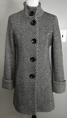 Anne Klein Black White Wool Blend Mid-Length Coat Sz XS Fully Lined Peacoat